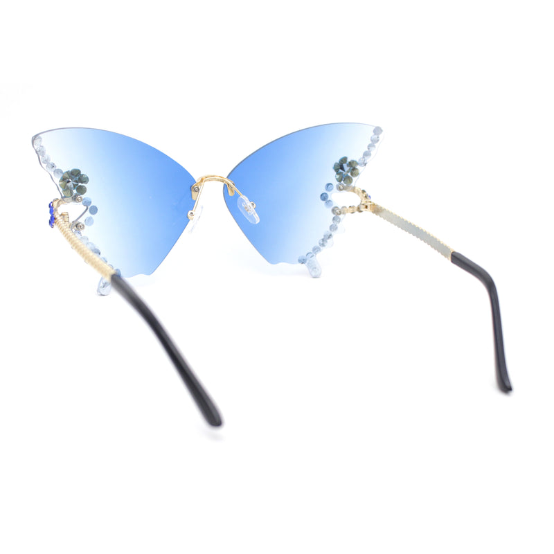 Sparkling Rhinestone Jewel Trim Butterfly Shape Rimless Sunglasses