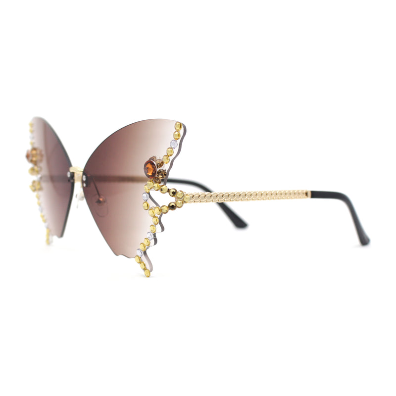 Sparkling Rhinestone Jewel Trim Butterfly Shape Rimless Sunglasses