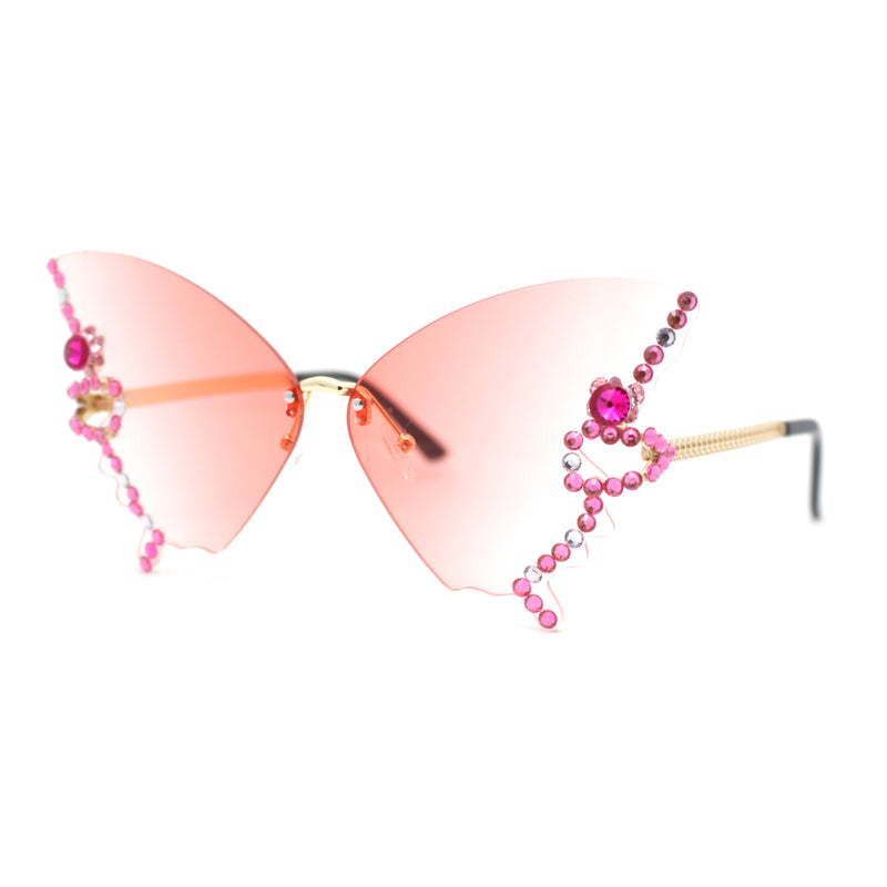 Sparkling Rhinestone Jewel Trim Butterfly Shape Rimless Sunglasses