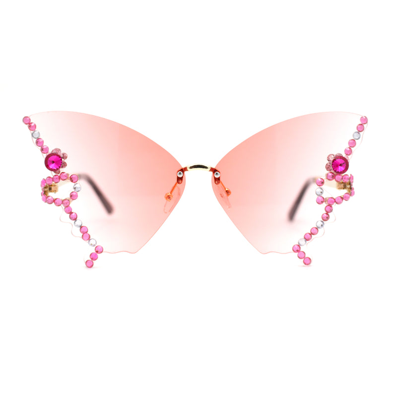 Sparkling Rhinestone Jewel Trim Butterfly Shape Rimless Sunglasses