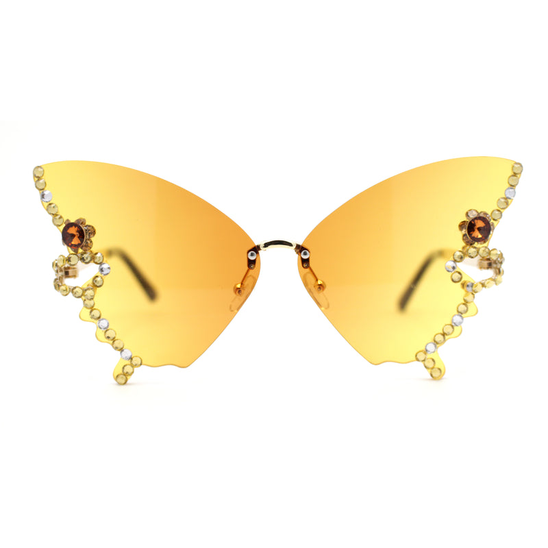 Sparkling Rhinestone Jewel Trim Butterfly Shape Rimless Sunglasses