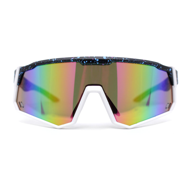 Mens Mirrored Paint Splatter 80s Shield Plastic Sport Sunglasses