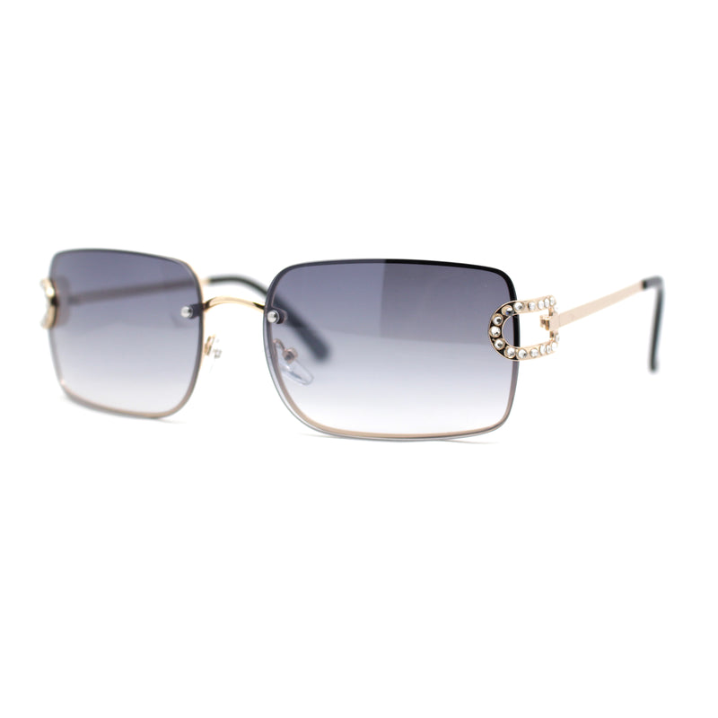 Women Rhinestone Jewel Rimless Rectangle Metal Rim Sunglasses