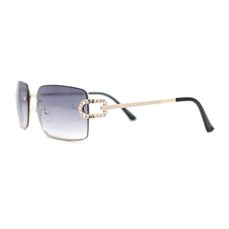 Women Rhinestone Jewel Rimless Rectangle Metal Rim Sunglasses