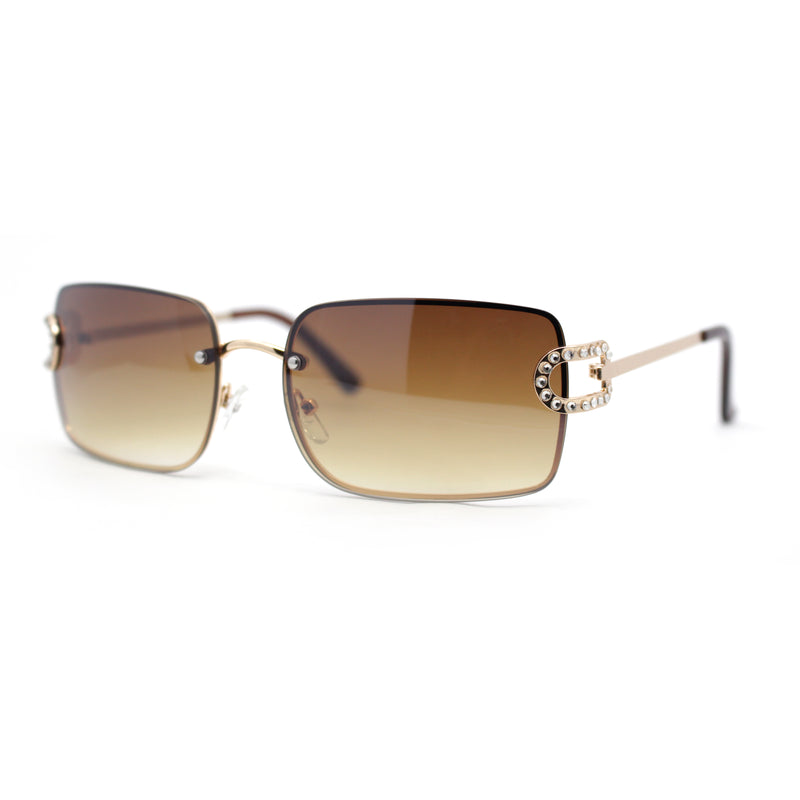 Women Rhinestone Jewel Rimless Rectangle Metal Rim Sunglasses