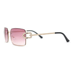 Women Rhinestone Jewel Rimless Rectangle Metal Rim Sunglasses