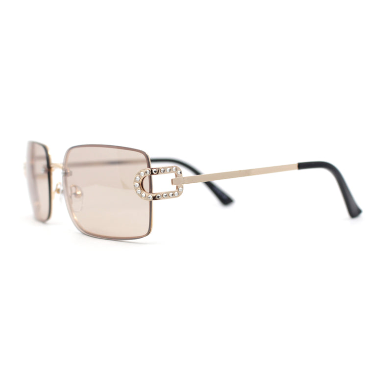 Women Rhinestone Jewel Rimless Rectangle Metal Rim Sunglasses