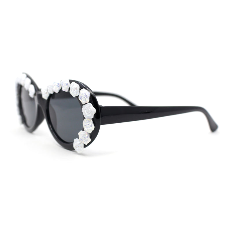 Womens Iridescent Rose Flower Stud Oval Mod Fashion Sunglasses