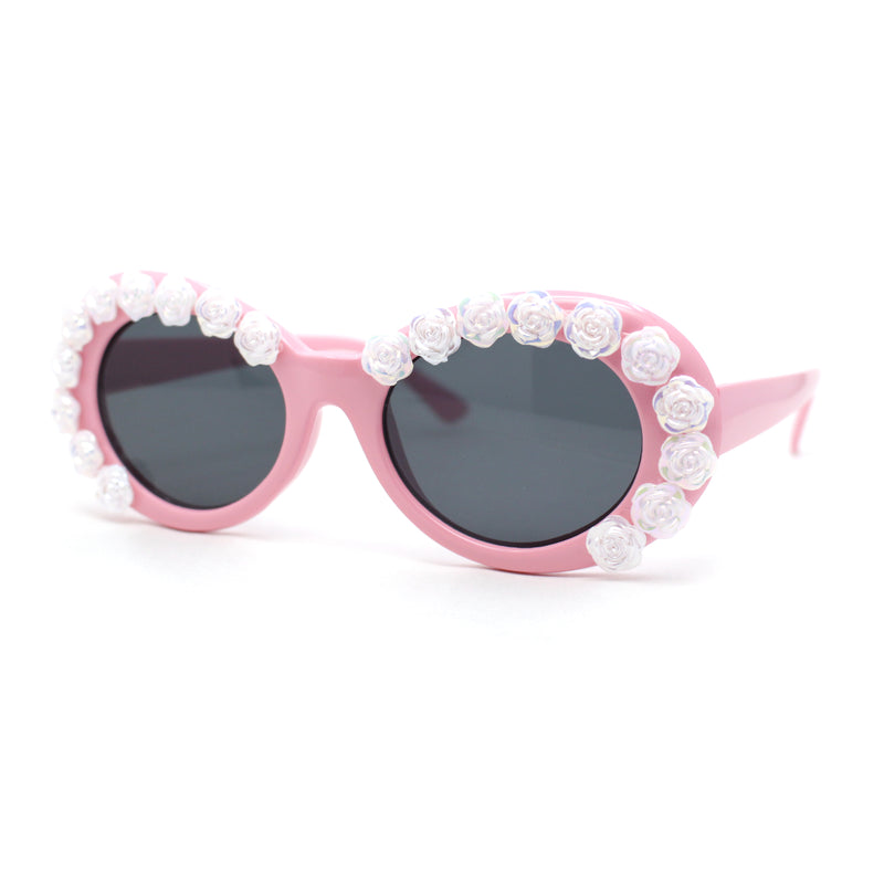 Womens Iridescent Rose Flower Stud Oval Mod Fashion Sunglasses