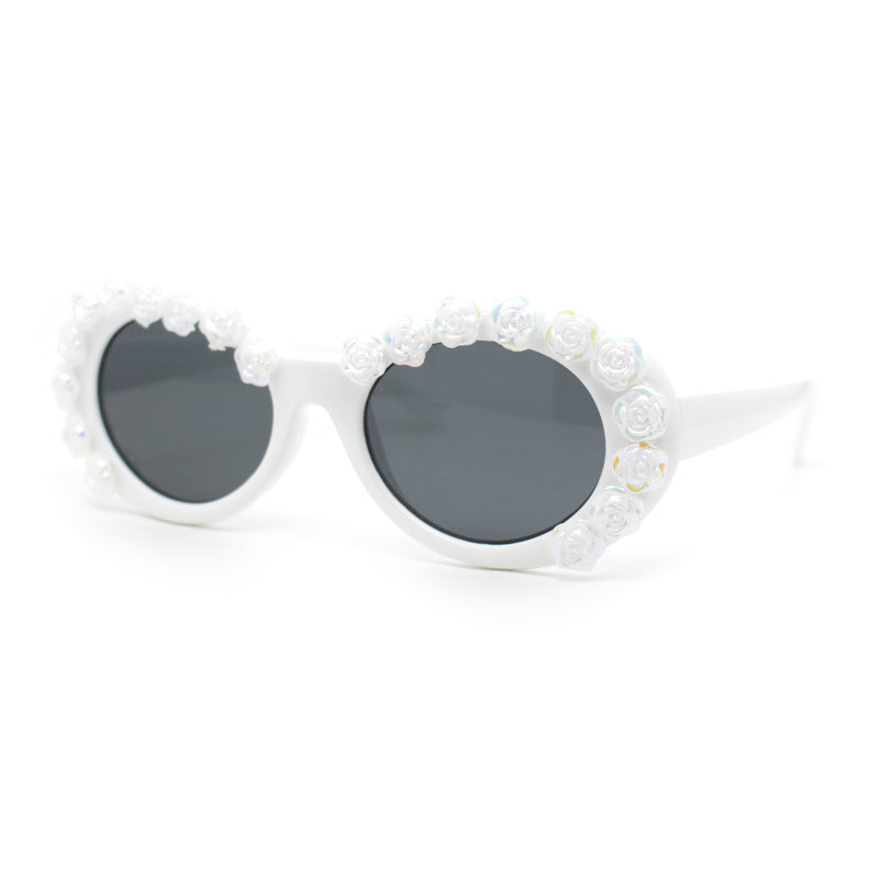 Womens Iridescent Rose Flower Stud Oval Mod Fashion Sunglasses