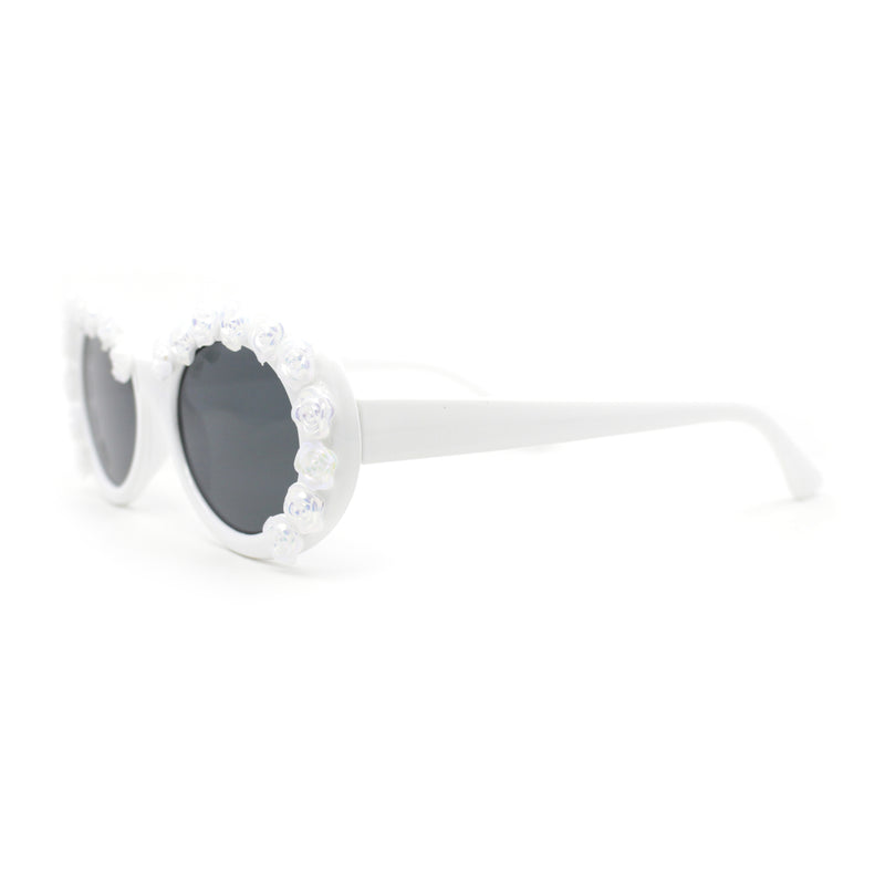 Womens Iridescent Rose Flower Stud Oval Mod Fashion Sunglasses