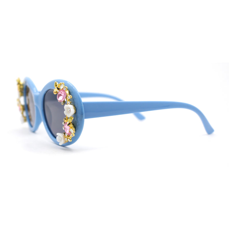 Womens Flower Vine Rhinestone Jewel Trim Oval Round Plastic Bling Sunglasses