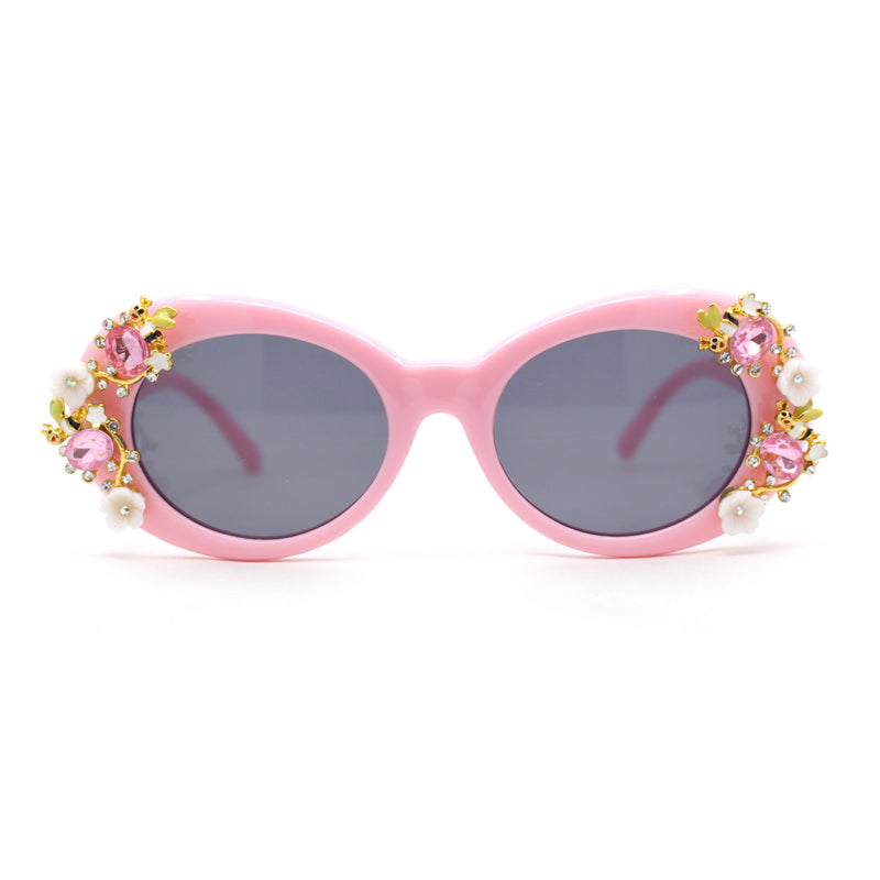 Womens Flower Vine Rhinestone Jewel Trim Oval Round Plastic Bling Sunglasses