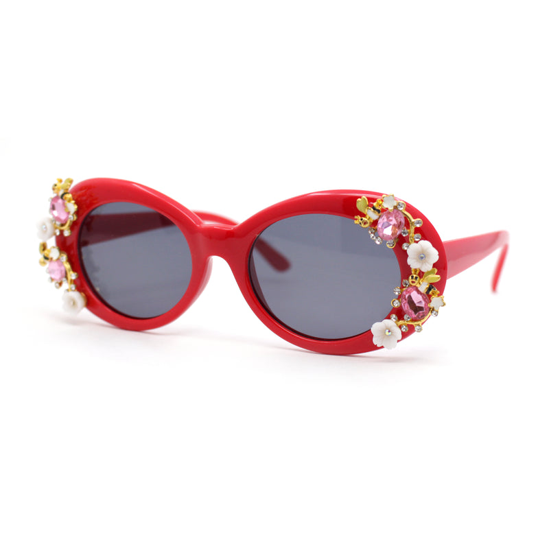 Womens Flower Vine Rhinestone Jewel Trim Oval Round Plastic Bling Sunglasses