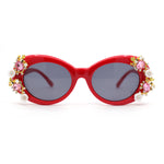 Womens Flower Vine Rhinestone Jewel Trim Oval Round Plastic Bling Sunglasses