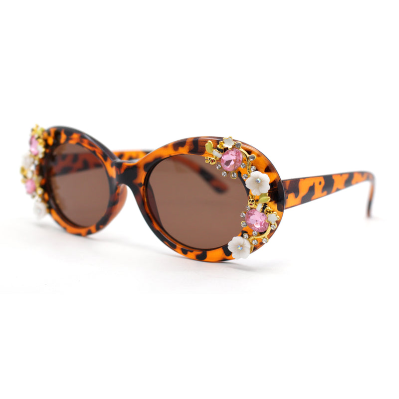 Womens Flower Vine Rhinestone Jewel Trim Oval Round Plastic Bling Sunglasses