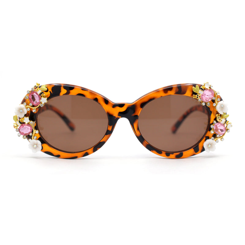 Womens Flower Vine Rhinestone Jewel Trim Oval Round Plastic Bling Sunglasses