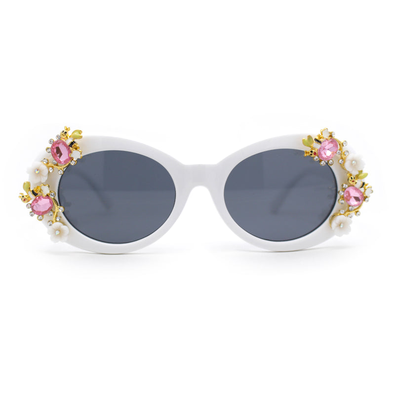 Womens Flower Vine Rhinestone Jewel Trim Oval Round Plastic Bling Sunglasses