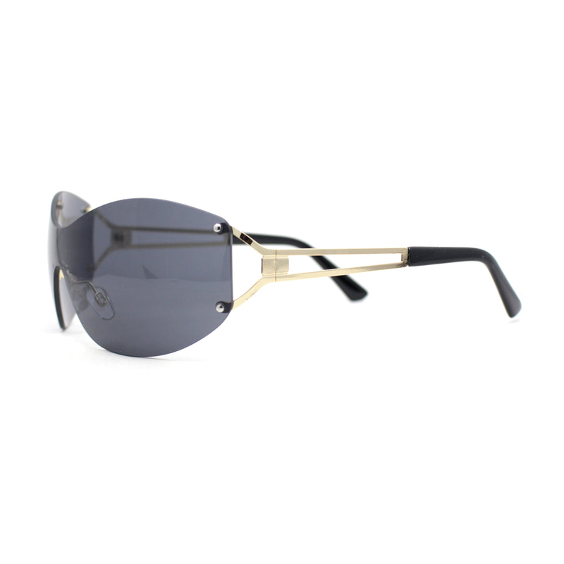 Classy Luxury Shield Oversized Wrap Rimless Metal Rim Sunglasses