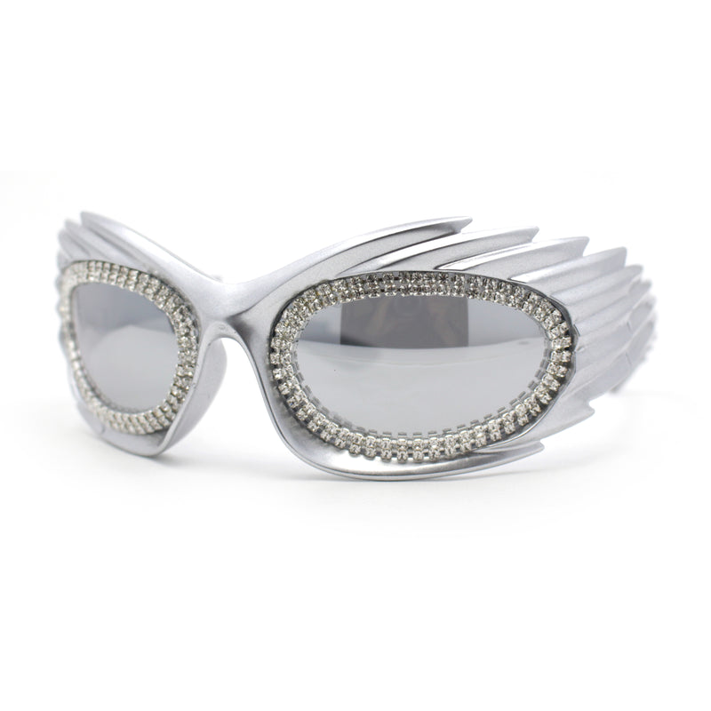 Womens Rhinestone Jewel Lens Trim Sport Wrap Flaming Plastic Sunglasses