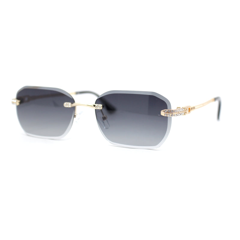 Rhinestone Jewel Stud Metal Rimless Bevel Lens Rectangle Sunglasses