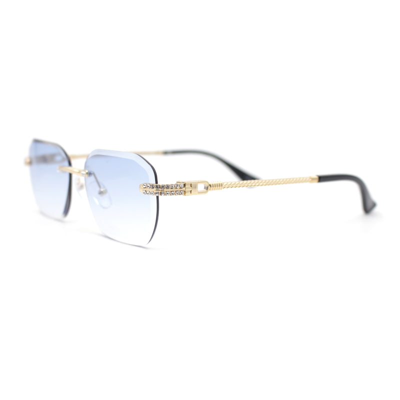 Rhinestone Jewel Stud Metal Rimless Bevel Lens Rectangle Sunglasses