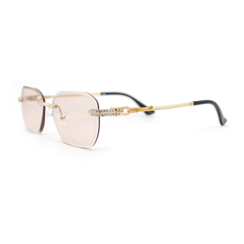 Rhinestone Jewel Stud Metal Rimless Bevel Lens Rectangle Sunglasses