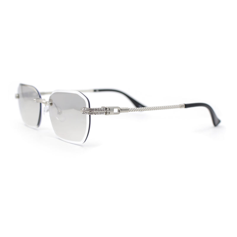 Rhinestone Jewel Stud Metal Rimless Bevel Lens Rectangle Sunglasses