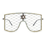 Womens Rhinestone Shield Lace Mesh Lens Luxury Metal Rim Sunglasses