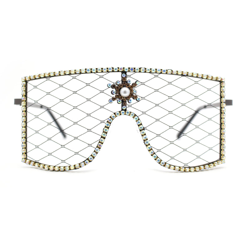 Womens Rhinestone Shield Lace Mesh Lens Luxury Metal Rim Sunglasses