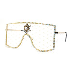 Womens Rhinestone Shield Lace Mesh Lens Luxury Metal Rim Sunglasses