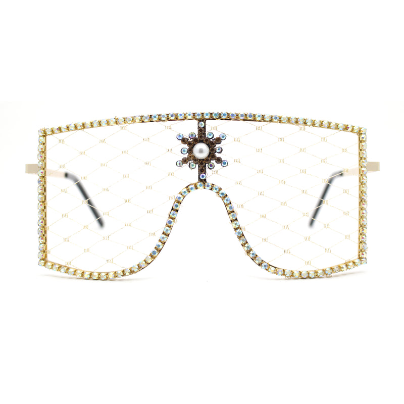 Womens Rhinestone Shield Lace Mesh Lens Luxury Metal Rim Sunglasses