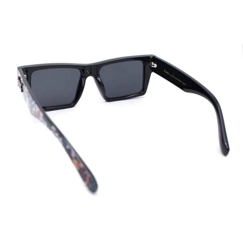 Locs Paint Splatter Arm Squared Rectangular Horn Rim Plastic Gangster Sunglasses