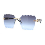 Womens Luxury Rimless Beveled OG Plastic Wood Buff Arm Metal Sunglasses