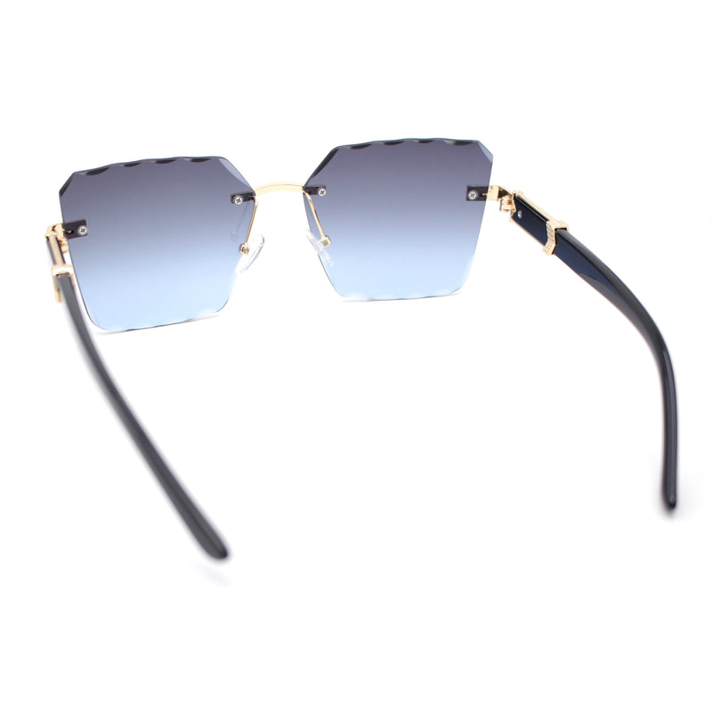 Womens Luxury Rimless Beveled OG Plastic Wood Buff Arm Metal Sunglasses