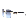 Womens Luxury Rimless Beveled OG Plastic Wood Buff Arm Metal Sunglasses