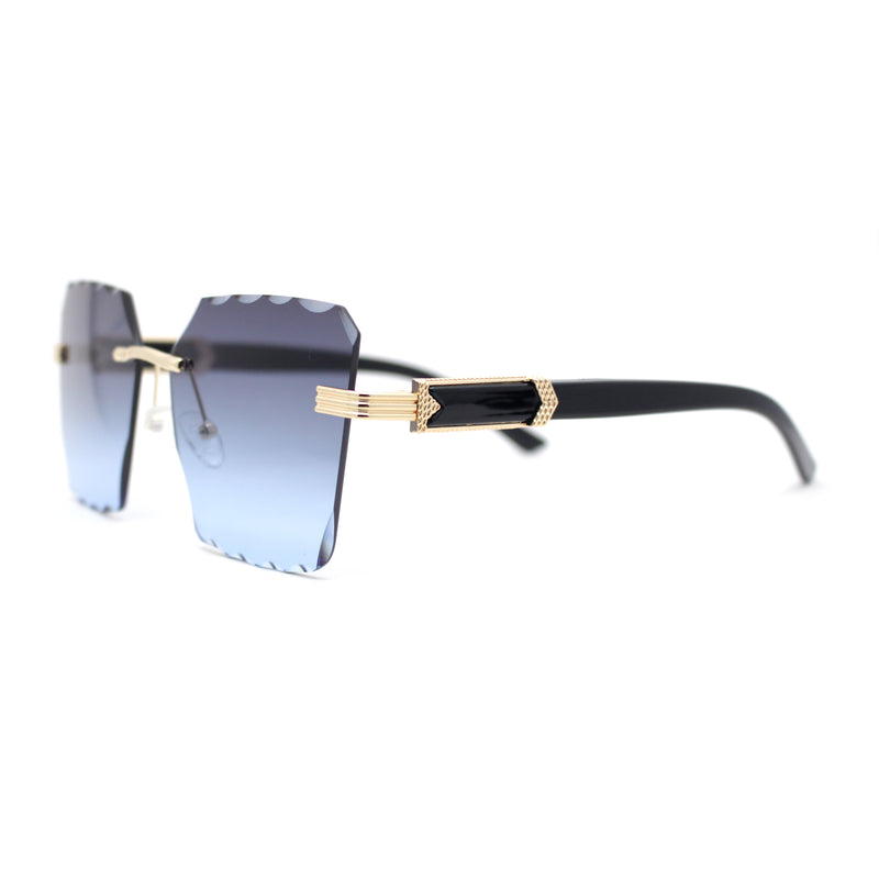 Womens Luxury Rimless Beveled OG Plastic Wood Buff Arm Metal Sunglasses
