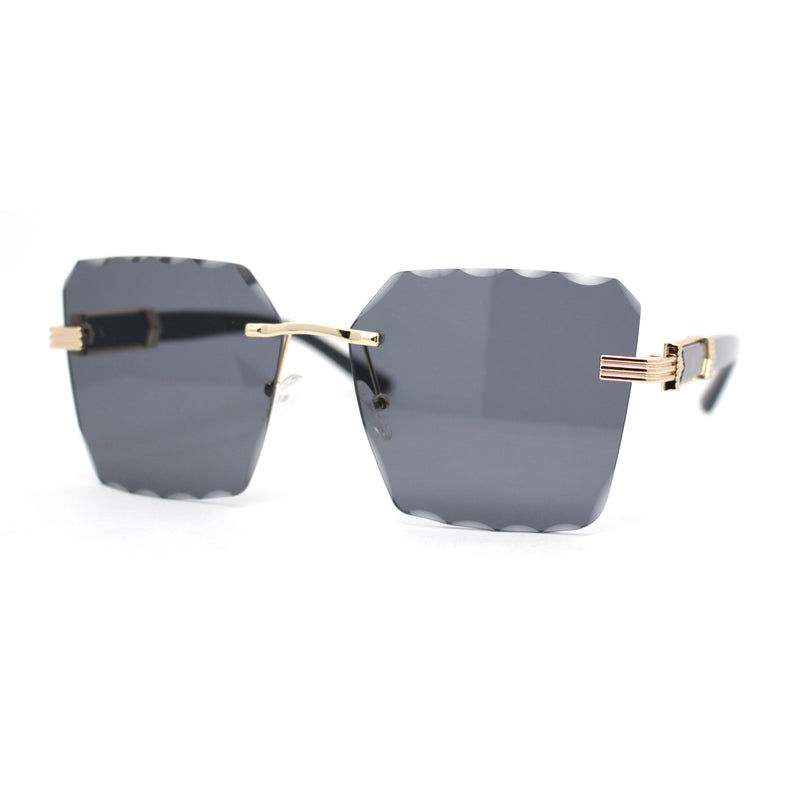 Womens Luxury Rimless Beveled OG Plastic Wood Buff Arm Metal Sunglasses