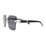 Womens Luxury Rimless Beveled OG Plastic Wood Buff Arm Metal Sunglasses