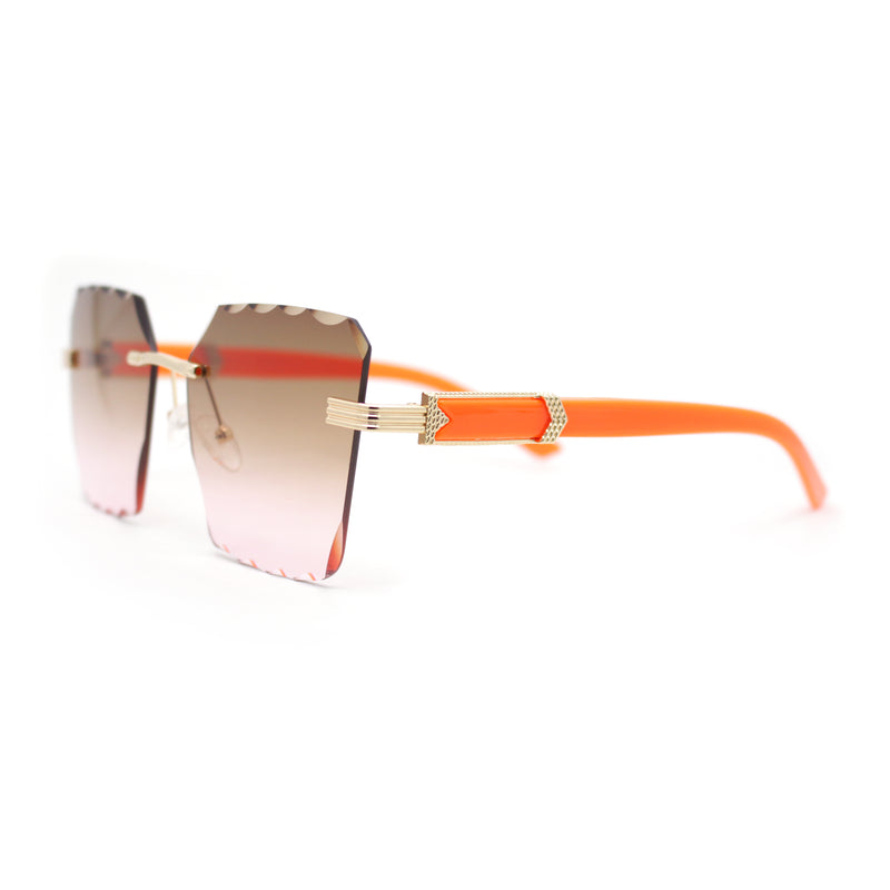 Womens Luxury Rimless Beveled OG Plastic Wood Buff Arm Metal Sunglasses