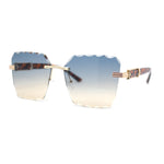 Womens Luxury Rimless Beveled OG Plastic Wood Buff Arm Metal Sunglasses