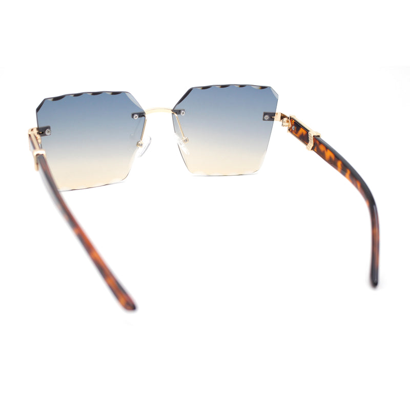 Womens Luxury Rimless Beveled OG Plastic Wood Buff Arm Metal Sunglasses