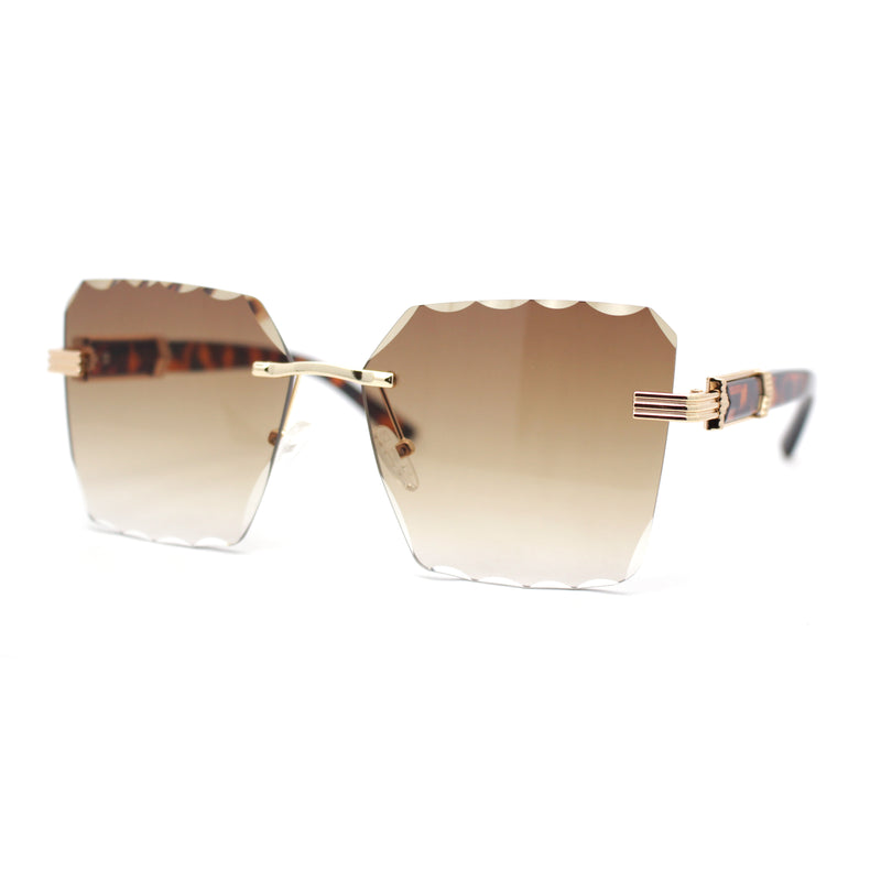 Womens Luxury Rimless Beveled OG Plastic Wood Buff Arm Metal Sunglasses