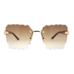 Womens Luxury Rimless Beveled OG Plastic Wood Buff Arm Metal Sunglasses