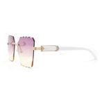 Womens Luxury Rimless Beveled OG Plastic Wood Buff Arm Metal Sunglasses