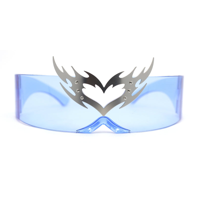 Flaming Heart Crown Tiara Futuristic Wrap Around Shield Sunglasses