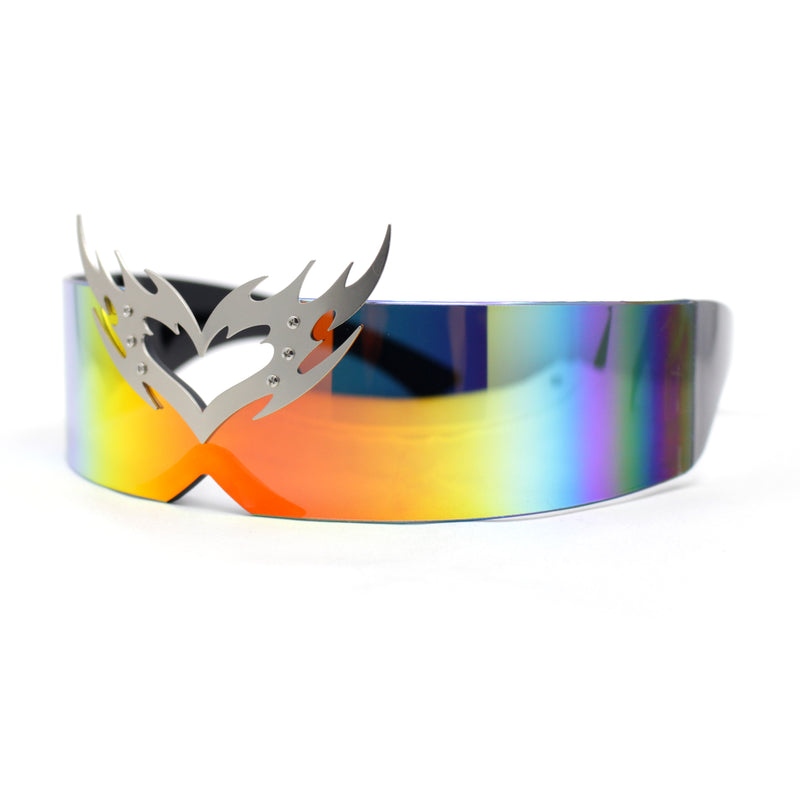 Flaming Heart Crown Tiara Futuristic Wrap Around Shield Sunglasses