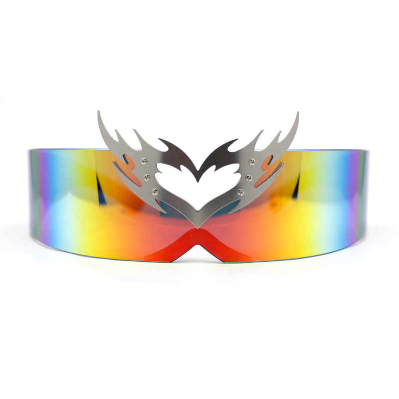 Flaming Heart Crown Tiara Futuristic Wrap Around Shield Sunglasses