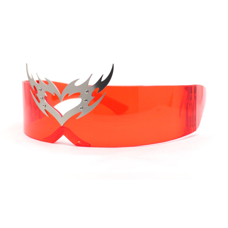 Flaming Heart Crown Tiara Futuristic Wrap Around Shield Sunglasses