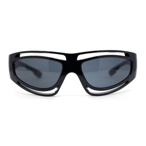 Trendy Vented 90s Sport Wrap Around Thick Arm Plastic Rectangular Sunglasses